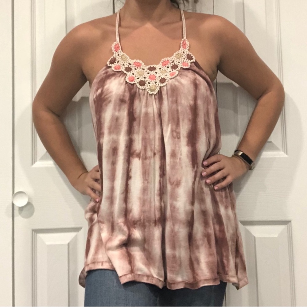 Free People Tie-Dye Crochet Top in Cream and Brown